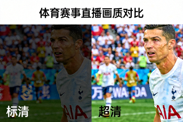 高清体育赛事直播画质对比，左侧标清右侧超清